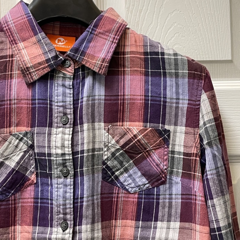 Merrell Women's Medium 100% Cotton Pink/Purple‎ Plaid Flannel Shirt Button Up
